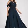 Formal & Evening | A-line Scoop Cold Shoulder Floor-Length Lace Chiffon Evening Dress With Sequins Dark Navy – Womens