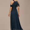 Formal & Evening | A-line Scoop Cold Shoulder Floor-Length Lace Chiffon Evening Dress With Sequins Dark Navy – Womens