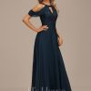 Formal & Evening | A-line Scoop Cold Shoulder Floor-Length Lace Chiffon Evening Dress With Sequins Dark Navy – Womens