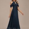 Formal & Evening | A-line Scoop Cold Shoulder Floor-Length Lace Chiffon Evening Dress With Sequins Dark Navy – Womens