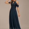 Formal & Evening | A-line Scoop Cold Shoulder Floor-Length Lace Chiffon Evening Dress With Sequins Dark Navy – Womens