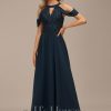 Formal & Evening | A-line Scoop Cold Shoulder Floor-Length Lace Chiffon Evening Dress With Sequins Dark Navy – Womens