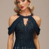 Formal & Evening | A-line Scoop Cold Shoulder Floor-Length Lace Chiffon Evening Dress With Sequins Dark Navy – Womens