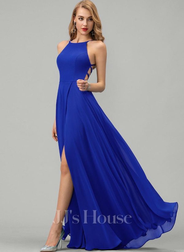 Formal & Evening | A-line Scoop Floor-Length Chiffon Evening Dress Royal Blue – Womens