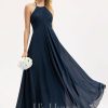 Formal & Evening | A-line Scoop Floor-Length Chiffon Evening Dress With Pleated Dark Navy – Womens