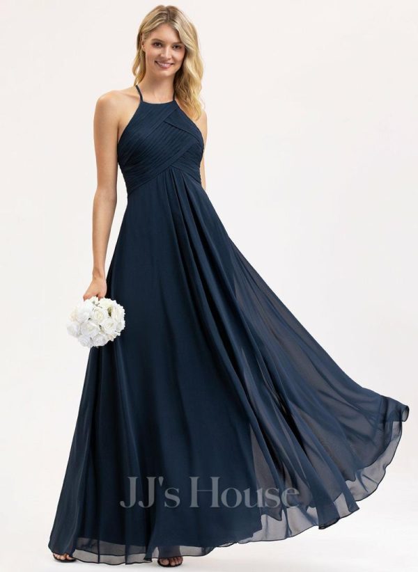 Formal & Evening | A-line Scoop Floor-Length Chiffon Evening Dress With Pleated Dark Navy – Womens