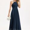 Formal & Evening | A-line Scoop Floor-Length Chiffon Evening Dress With Pleated Dark Navy – Womens