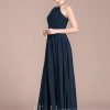 Formal & Evening | A-line Scoop Floor-Length Chiffon Evening Dress With Pleated Dark Navy – Womens