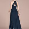 Formal & Evening | A-line Scoop Floor-Length Chiffon Evening Dress With Pleated Dark Navy – Womens