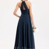 Formal & Evening | A-line Scoop Floor-Length Chiffon Evening Dress With Pleated Dark Navy – Womens