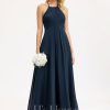 Formal & Evening | A-line Scoop Floor-Length Chiffon Evening Dress With Pleated Dark Navy – Womens