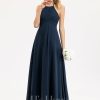 Formal & Evening | A-line Scoop Floor-Length Chiffon Evening Dress With Pleated Dark Navy – Womens