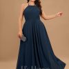 Formal & Evening | A-line Scoop Floor-Length Chiffon Evening Dress With Pleated Dark Navy – Womens