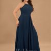 Formal & Evening | A-line Scoop Floor-Length Chiffon Evening Dress With Pleated Dark Navy – Womens