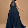 Formal & Evening | A-line Scoop Floor-Length Chiffon Evening Dress With Pleated Dark Navy – Womens