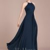 Formal & Evening | A-line Scoop Floor-Length Chiffon Evening Dress With Pleated Dark Navy – Womens