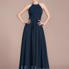 Formal & Evening | A-line Scoop Floor-Length Chiffon Evening Dress With Pleated Dark Navy – Womens