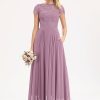 Formal & Evening | A-line Scoop Floor-Length Lace Chiffon Evening Dress Mauve – Womens