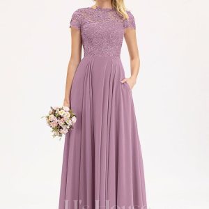 Formal & Evening | A-line Scoop Floor-Length Lace Chiffon Evening Dress Mauve – Womens