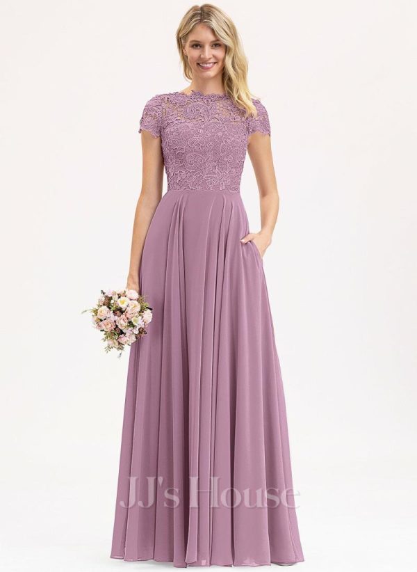 Formal & Evening | A-line Scoop Floor-Length Lace Chiffon Evening Dress Mauve – Womens