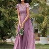 Formal & Evening | A-line Scoop Floor-Length Lace Chiffon Evening Dress Mauve – Womens