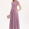 Formal & Evening | A-line Scoop Floor-Length Lace Chiffon Evening Dress Mauve – Womens