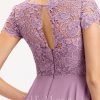 Formal & Evening | A-line Scoop Floor-Length Lace Chiffon Evening Dress Mauve – Womens