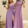 Formal & Evening | A-line Scoop Floor-Length Lace Chiffon Evening Dress Mauve – Womens