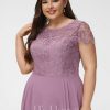 Formal & Evening | A-line Scoop Floor-Length Lace Chiffon Evening Dress Mauve – Womens