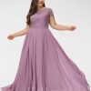 Formal & Evening | A-line Scoop Floor-Length Lace Chiffon Evening Dress Mauve – Womens