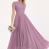 Formal & Evening | A-line Scoop Floor-Length Lace Chiffon Evening Dress Mauve – Womens