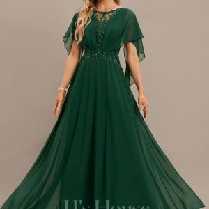 Formal & Evening | A-line Scoop Floor-Length Lace Chiffon Evening Dress With Pleated Appliques Lace Hunter Green – Womens