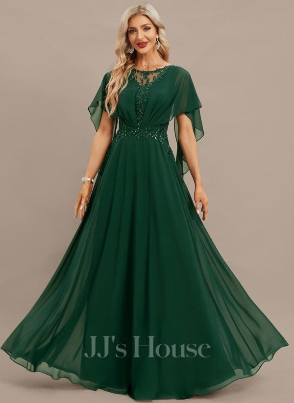 Formal & Evening | A-line Scoop Floor-Length Lace Chiffon Evening Dress With Pleated Appliques Lace Hunter Green – Womens