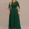 Formal & Evening | A-line Scoop Floor-Length Lace Chiffon Evening Dress With Pleated Appliques Lace Hunter Green – Womens