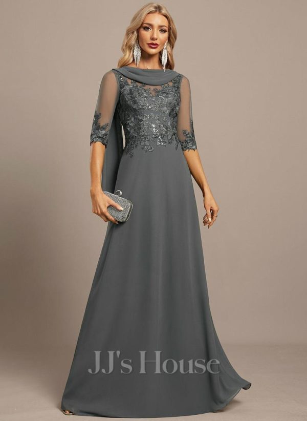 Formal & Evening | A-line Scoop Floor-Length Lace Chiffon Evening Dress With Pleated Sequins Steel Grey – Womens