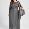 Formal & Evening | A-line Scoop Floor-Length Lace Chiffon Evening Dress With Pleated Sequins Steel Grey – Womens