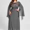 Formal & Evening | A-line Scoop Floor-Length Lace Chiffon Evening Dress With Pleated Sequins Steel Grey – Womens