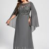 Formal & Evening | A-line Scoop Floor-Length Lace Chiffon Evening Dress With Pleated Sequins Steel Grey – Womens