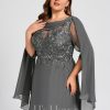 Formal & Evening | A-line Scoop Floor-Length Lace Chiffon Evening Dress With Pleated Sequins Steel Grey – Womens