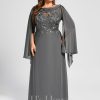 Formal & Evening | A-line Scoop Floor-Length Lace Chiffon Evening Dress With Pleated Sequins Steel Grey – Womens