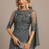 Formal & Evening | A-line Scoop Floor-Length Lace Chiffon Evening Dress With Pleated Sequins Steel Grey – Womens