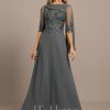 Formal & Evening | A-line Scoop Floor-Length Lace Chiffon Evening Dress With Pleated Sequins Steel Grey – Womens