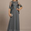 Formal & Evening | A-line Scoop Floor-Length Lace Chiffon Evening Dress With Pleated Sequins Steel Grey – Womens