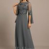 Formal & Evening | A-line Scoop Floor-Length Lace Chiffon Evening Dress With Pleated Sequins Steel Grey – Womens