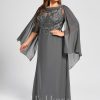 Formal & Evening | A-line Scoop Floor-Length Lace Chiffon Evening Dress With Pleated Sequins Steel Grey – Womens