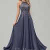 Formal & Evening | A-line Scoop Floor-Length Lace Chiffon Evening Dress With Sequins Stormy – Womens