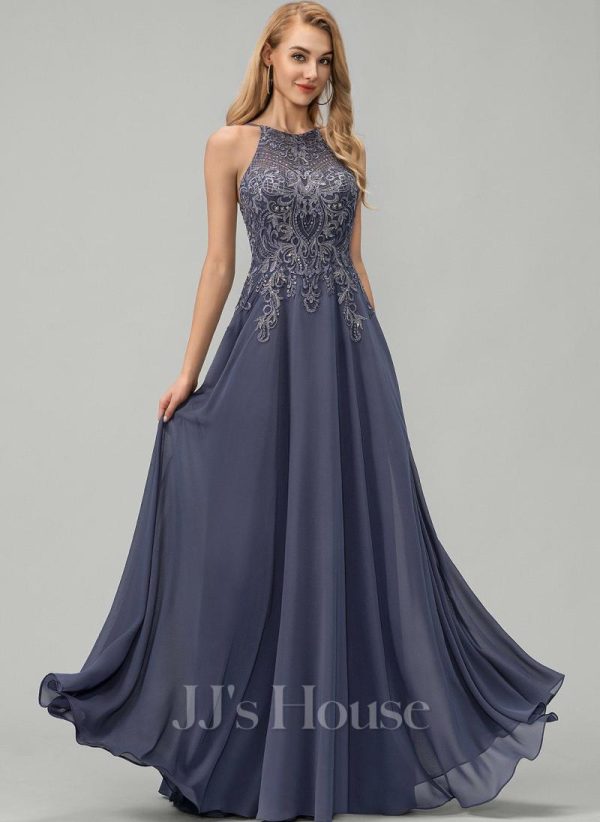 Formal & Evening | A-line Scoop Floor-Length Lace Chiffon Evening Dress With Sequins Stormy – Womens