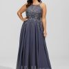 Formal & Evening | A-line Scoop Floor-Length Lace Chiffon Evening Dress With Sequins Stormy – Womens