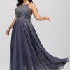 Formal & Evening | A-line Scoop Floor-Length Lace Chiffon Evening Dress With Sequins Stormy – Womens