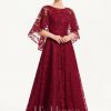 Formal & Evening | A-line Scoop Floor-Length Sequin Lace Evening Dress Burgundy – Womens